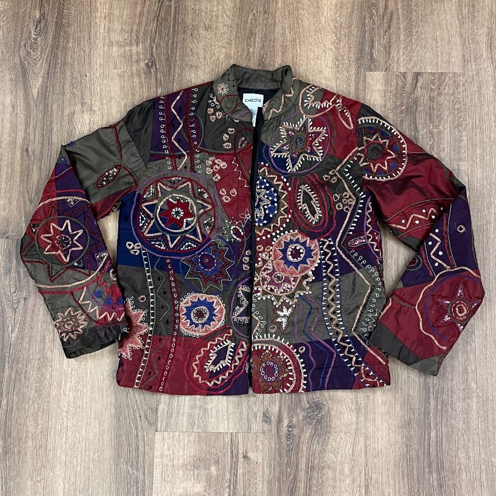 Chico's Jewel-Tone Silk Blend Patchwork Embroidered Jacket Sz XS - Picture 5 of 13
